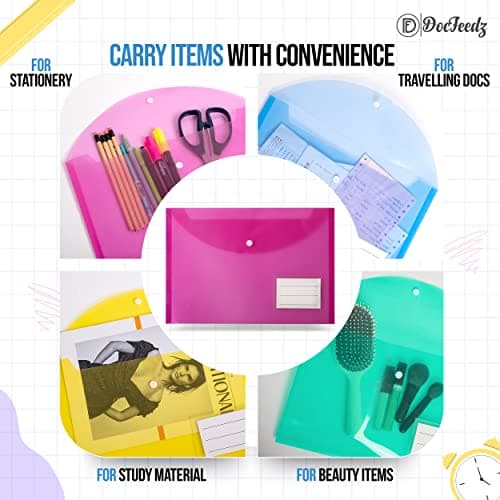 DocFeedz Plastic Wallets A4-10 Pack Waterproof Plastic Folders for Documents 33.2 x 23.4 cm - 5 Assorted Colours Popper Wallet A4 with Snap Button and Label for Home, Office, School and Travel — view 4