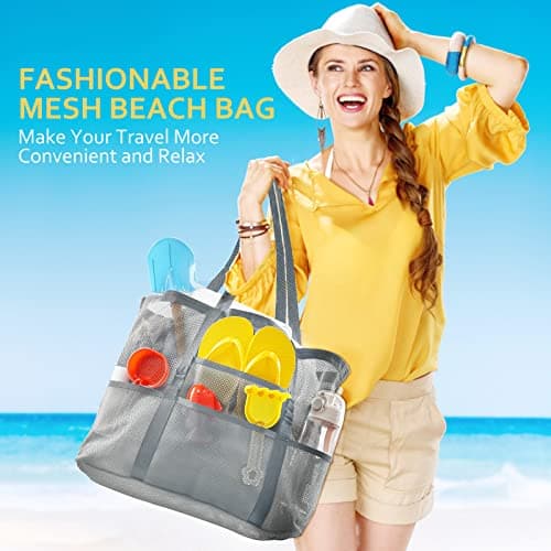 SRISE Mesh beach bag - Large beach tote bag for family beach bag for toys & vacation Essential, Grey, L, Modern — view 6