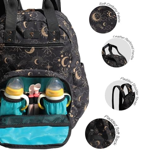 Diaper Backpack Large Capacity Multifunctional Baby Essentials Travel Pack Linen Canvas Laptop Bag, Corduroy Black Moon, L, Back Side Sleeve — view 2