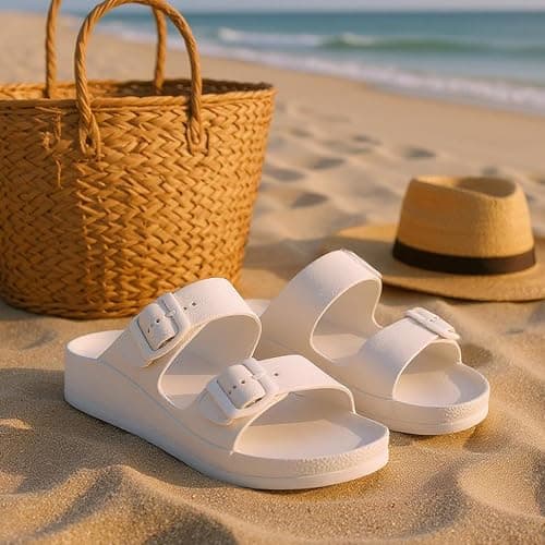 VIVASHOES Women’s Double Buckle EVA Sandals – Lightweight Waterproof Adjustable Slides with Arch Support for Summer, Beach, Pool & Daily Wear – True to Size Good for Wide Fit – White 6 — view 5