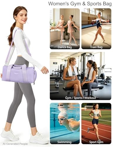 Small Gym Bag for Girls Kids,Sport Duffle Bag for Women Fitness Workout, Travel, Dance, Ballet, Swim with Shoes Compartment & Waterproof Pocket,Easy Carrying Pu Leather Handle (Purple,16"-Small) — view 6
