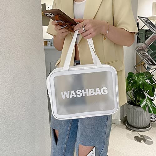 Aucuu 3PCS Clear Toiletry Bag, Wash Bag, Clear PU Makeup Bags, Waterproof Toiletry Travel Bags with Zipper Handle, Portable Airport Cosmetic B-ag for Travel Bathroom Men Women (White) — view 3