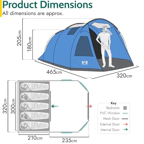 Braddon 5 Man Tent for Camping Festivals, Family Tunnel Tent, 3000mm Waterproof, Darkened Bedroom, Living Area with Standing Height, Bathtub Groundsheet, Carry Bag (L465cm x W320cm x H180/205cm) — view 6