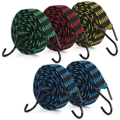 IKR 5Pcs Bungee Cords With Hooks, 2M/6.6FT Long Elastic Bungee Rope Luggage Bungee Straps Anti-Slip Flat Elasticity Rubber Straps For Luggage Camping Roof Racks Moving Cargo