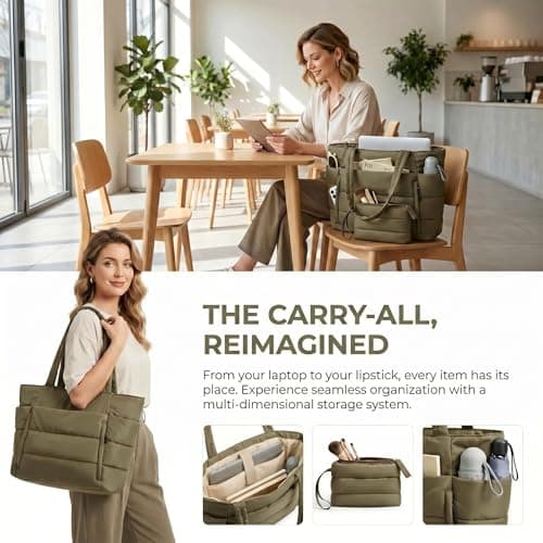 ZJEEACO Puffer Tote Bags for Women, Quilted Handbag for School, Waterproof College Bag with Zip, Lightweight Laptop Tote Bag with Compartments for University Work Gym Beach Travel Swim (Olive Khaki) — view 3