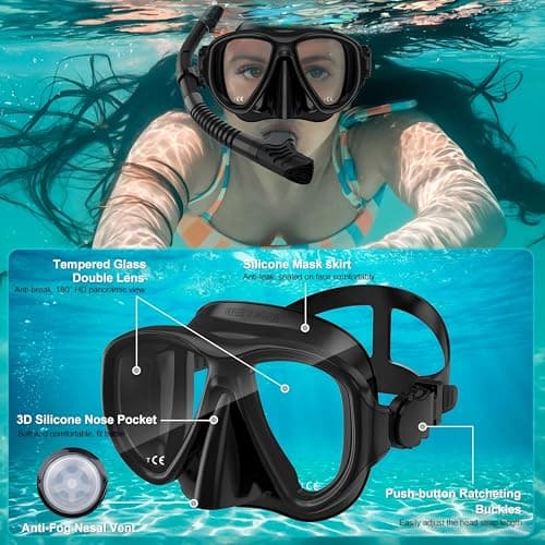 Snorkeling Gear for Adults, 3 in 1 Snorkel Set with Panoramic View Diving Mask Anti-Fog Anti-Leak,Dry Top Snorkel,Fins and Travel Bag for Swimming,Snorkeling and Travel Diving, Black — view 2