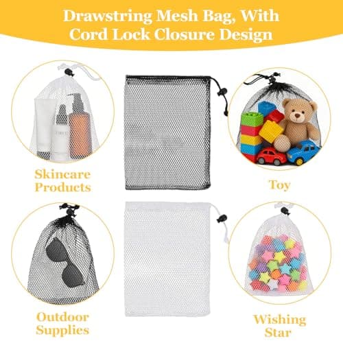 Small Mesh Drawstring Bags 20×15 cm Polyester Mesh Bags with Cord Lock Mini Net Bag for Travel Volleyball Swimming Pool Kitchen Golf Jewelry Toys Gifts (White & Black, 6 PCS) — view 6