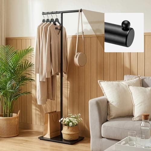 T Shaped Coat Rack Clothes Rail 170cm with Rock Slab Base Garment, Freestanding Coat Stand Heavy Duty Metal Modern Hanger Max Load 30kg for Hanging Coats, Jackets, and Bags, Bedroom Entryway Black — view 3