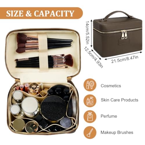 ALIIP Makeup Bag Large PU Leather Travel Cosmetic Bag with Removable Divider and Brush Slots, Water-Resistant Make Up Organiser for Women, Portable Toiletry Case with Handle - Coffee — view 2