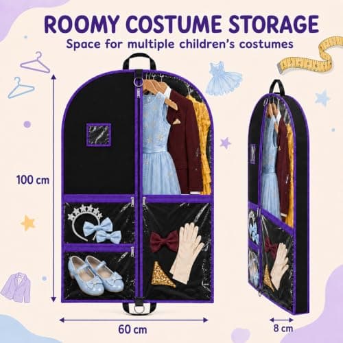 Costume Garment Bag, 100 × 60 × 8 cm Dress Bag with 3 Zipped PVC Pockets, Foldable Suit Bag & Dress Cover for Dance Costumes, Travel, Competitions, Kids and Adults, 1 Pack — view 3