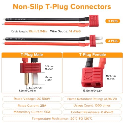 Lyeteung 3 Pairs Non-Slip T-Plug Connectors, Deans T Male Female Plug Connectors Adapter with 100mm 14 AWG Silicon Wire, for RC Lipo Battery — view 2