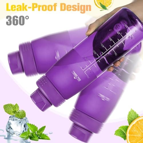GOPPUS 1L/32oz Clear Tritan Water Bottle with Screw Lid, Drinks Bottle with Wide Mouth, Fruit Infuser, Leakproof, BPA Free, Carry Handle, Measurement Markings, Dust Cap (Purple) — view 5