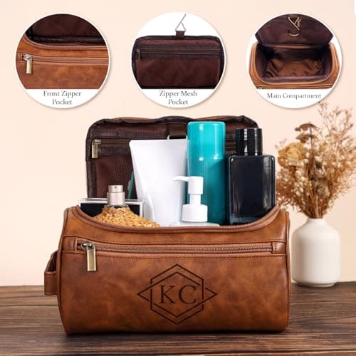 Personalized Toiletry Bag for Men, Custom Engraved Travel Dopp Kit Bag, Customized Name Initials Gift for Groomsmen, Best Man, Father's Day, Wedding, Birthday, Husband, Grandpa — view 4