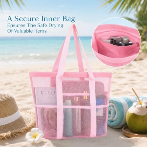 Large Mesh Beach Bags for Women, Foldable Waterproof Sandproof Tote Bag — view 6