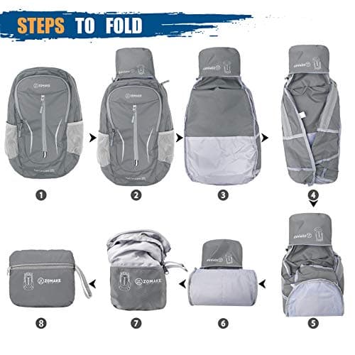 ZOMAKE Lightweight Foldable Backpack, Packable Rucksack 25L Folding Small Back Pack Foldaway Ultralight Daypack for Women Men Travel Hiking Walking (Dark gray) — view 6