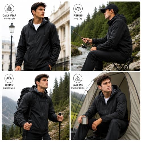 BBXWANG Mens Waterproof Jackets Lightweight Packable Rain Jacket Men Raincoat Black Men's Outdoor Waterproof Jackets with Hood for Walking Cycling Hiking Travel (UK, Alpha, XL, Regular, Regular) — view 6