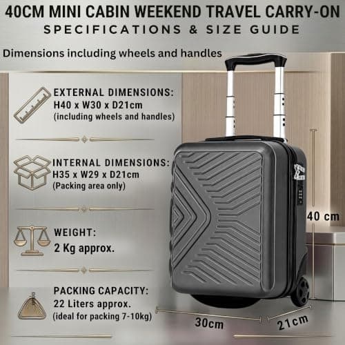 DK Luggage 40cm Lightweight Hard Shell Cabin Suitcase 2-Wheel Compact Carry-On Small Travel Case Ideal Weekend Bags/Business Trips/Short Breaks (Black, Weekend Bag) — view 2