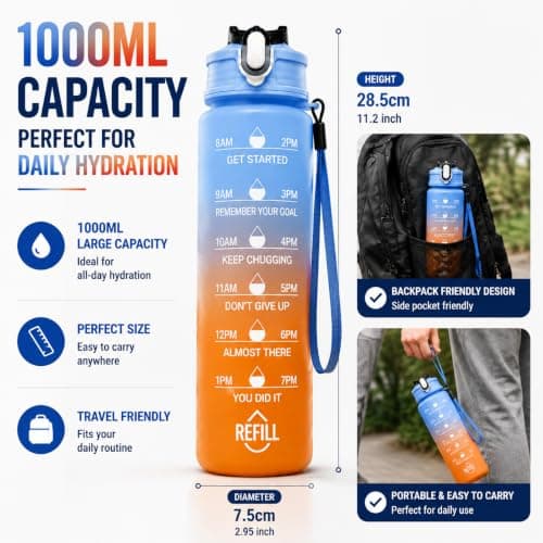 900ml Water Bottle with Straw, Sports Water Bottle with Time Marker, BPA Free Plastic Drinking Bottle, Leak Proof Gym Bottle for Men & Women, Running Water Bottle for Fitness, Outdoor Hydration — view 5