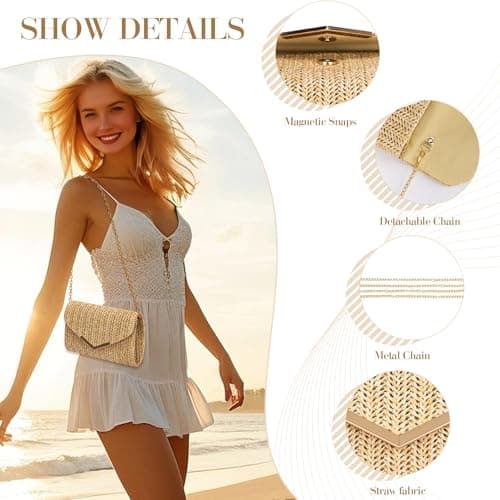 Larcenciel Boho Women's Clutches, Woven Straw Clutch Bag w/Detachable Chain, Summer Envelope Straw Beach Bag, Hand-Woven Evening Handbag for Wedding, Dinner, Prom, 20×13×5CM — view 4