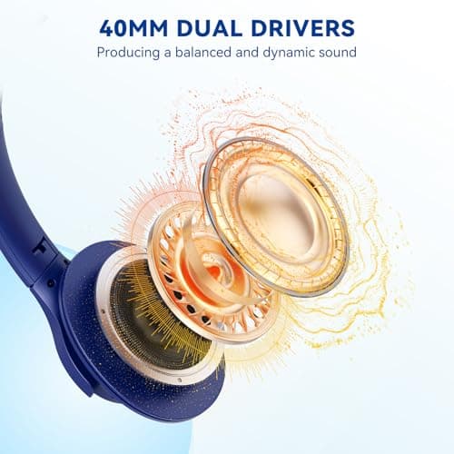 KVIDIO Bluetooth Headphones Over Ear, 65 Hours Playtime Wireless Headphones with Microphone, Foldable Lightweight Headset with Deep Bass,HiFi Stereo Sound for Travel Work PC Cellphone (Blue) — view 3