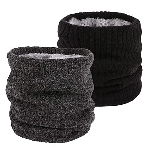 lifwimner 2 Pack Winter Neck Warmer Fleece Infinity Snood Scarf for Mens Women Thermal Knittted Neck Gaiter for Cycling Motorcycle Ski Sports(Black+Darkgrey)