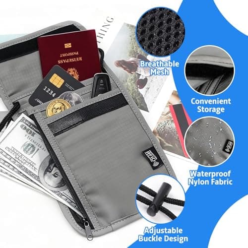 Quelcc Travel Neck Wallet with RFID Blocking, Travel Wallet with Adjustable Neck Strap, Travel Document Holder Organiser Bag for Women and Men (Grey) — view 4