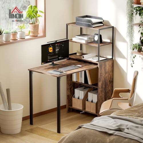 HOMCOM Folding Computer Desk with 4-Tier Bookshelf Study Table Rustic Brown — view 2