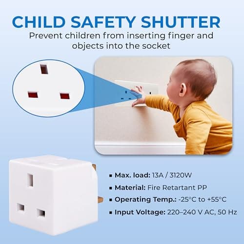 Double Dragon 13A 2-Way 3-Pin Multi Plug Adapter | Converts 1 Plug into 2 | Cube Wall Socket Splitter for Multiple Connections | Child Safety Shutters, Fire-Retardant PP | UKCA & CE Certified — view 5
