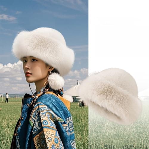 Qiaonan Women's Fur Hat, Winter Warm Hat, Women, Warm Soft Russian Faux Fur Hat, Thickened Fluffy Bucket Hat for Travel, Skiing, Hiking, Elegant Fashion Accessory, Cream Colored — view 2