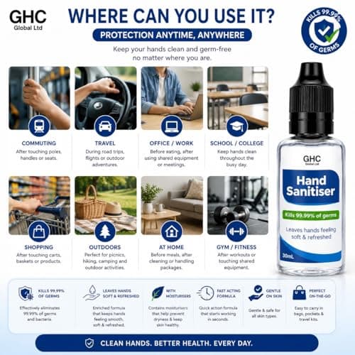 GHC Global Health Care Hand Sanitiser Gel (Pick Any Size) - 75% Alcohol Antibacterial Hand Gel for Travel, School, Office & Everyday Hygiene - Quick Dry Pocket Sanitiser (30ML, Pack of 20) — view 3