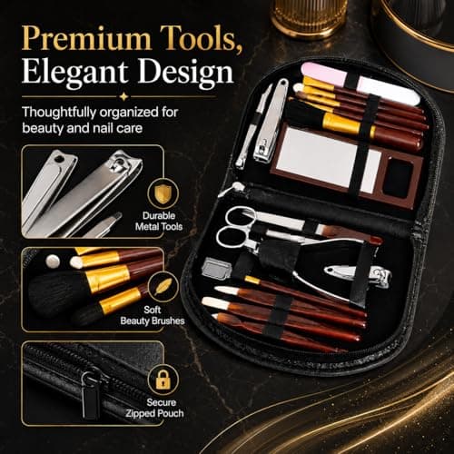 18 Piece Ladies Manicure & Makeup Set in Black Zipped Pouch – Complete Nail Care & Beauty Kit for Home & Travel – Multi Tool Grooming Set (black) — view 3