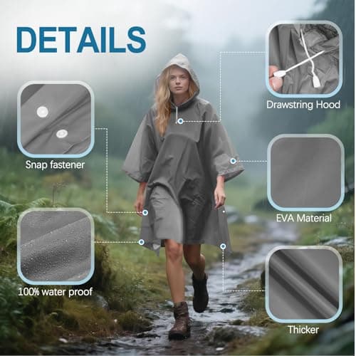 DDhayyp Poncho Waterproof Adult, Portable EVA Raincoat, Rain Ponchos Waterproof with Hoods, Reusable Rain Resistant Poncho for Camping, Emergency Situations, Travel (Grey) — view 3