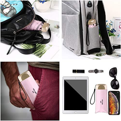 Vicloon Mini Umbrella, Pocket Umbrella （Pink） with Golden Handle, 210T Black Rubber Cloth & 6 Aluminum Alloy Ribs, Foldable Compact Travel Umbrella, UPF>50+ UV Resistance — view 3