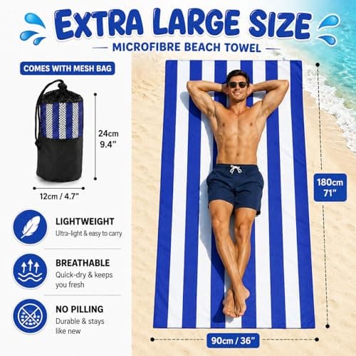 Admygo Microfibre Beach Towels for Adults - 2 Pack 180 x 90 cm Extra Large Beach Towels with Drawstring Bags, Quick Dry Lightweight Sand Free Towel for Swim, Travel, Gym (Stripe Dark Blue & Pink) — view 2
