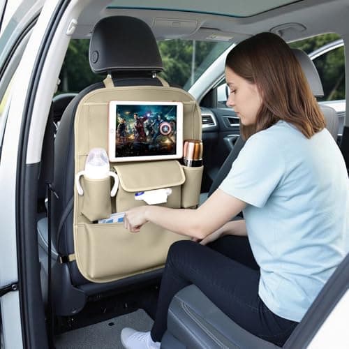 Viaviat Car Seat Organizers Waterproof Backseat Protector with Storage Pocket Large Leather Kick Mats for Kids Pets Automobile SUV Truck (Beige, Large Pocket) — view 2
