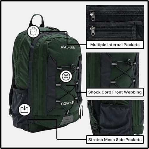 Eurohike Nova 25 Litre Daysack with Ventilated Back Panel, Lightweight, Packable, Adjustable 25L Daypack, Backpack, Rucksack, Bag for Men Women & Kids, School, Commuting, Camping, Hiking (Green) — view 3