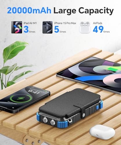 Solar Power Bank 20000mAh with 4 Panels & Built in Cables, Portable Charger with USB-C, Powerbank 15W Fast Charging 3A Output/Input for Phone, Outdoor Camping Battery Pack with Flashlight — view 2