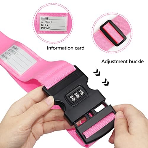 Luggage Strap, 2pcs Suitcase Straps with Password Lock Information Card, Adjustable Travel Packing Accessories Suitcase Belts with Buckle (Black+Pink, 2 PCS Set) — view 4