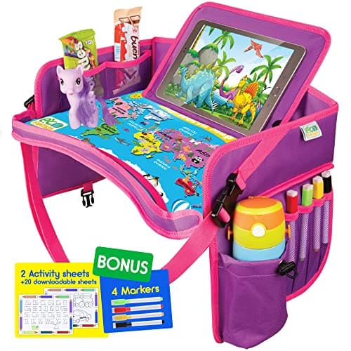 ECOFANTASY Kids Car Seat Tray & Travel Table with Tablet Holder – Pink