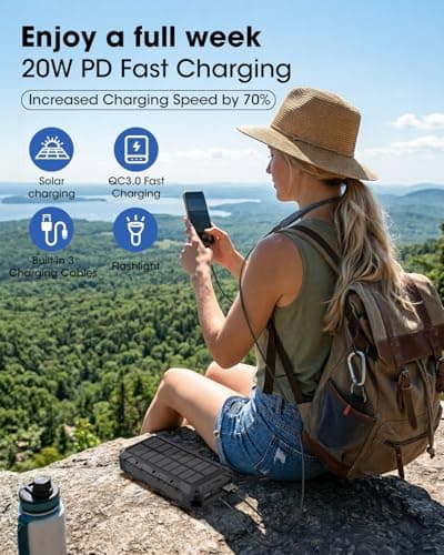 Solar Power Bank 20000mAh Built-in 3 Cables, Wireless Portable Charger 20W Fast Charging Battery Pack with USB C, Flashlight, Solar Charger for iPhone 17 16 Pad Galaxy Tablet Camping Travel (Black) — view 4