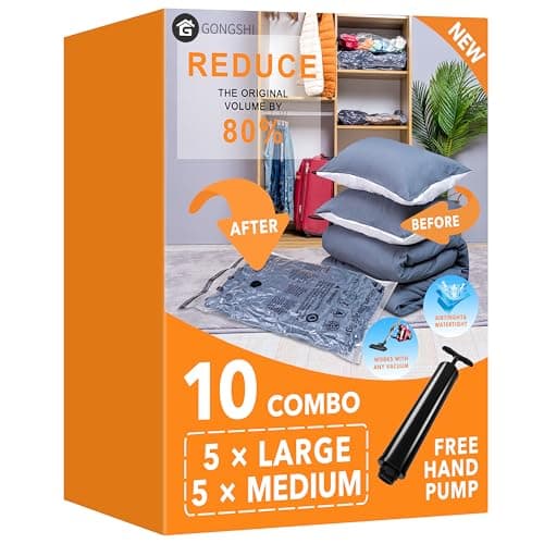 10 Pack Vacuum Storage Bags (5 x Large, 5 x Medium), Space Saver Sealer Compression Bags with Travel Hand Pump for Blankets, Comforters, Pillows, Clothes Storage