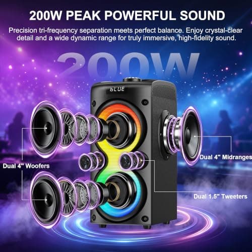 Cawinii Portable Bluetooth Speaker, 200W Peak Wireless Speakers — view 2