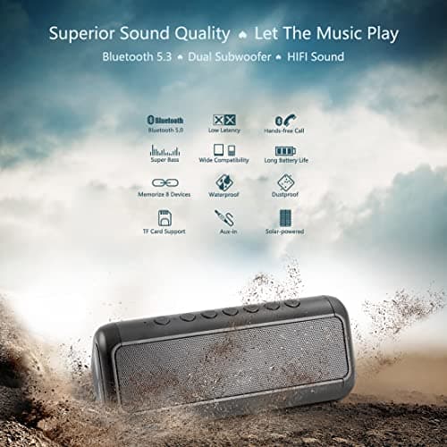Solar Bluetooth Speaker Portable，5000mAh Wireless Speaker，IPX6 Waterproof Outdoor Speaker，Bluetooth 5.3，TWS Pairing，50H Play Time Heavy Bass for Beach，Party，Hiking，Cycling，Indoor & Outdoor Activities. — view 5