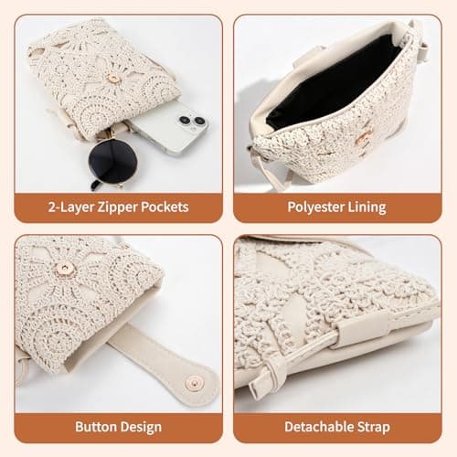 Poeruse Crochet Handbags, Summer Straw Bag, Straw Crossbody Bags for Women, Summer Beach Travel Clutch Handbag (White) — view 3