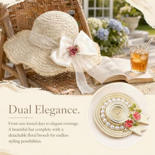 QuidToyzian Women's Straw Sun Hat with Brooch Gift Set, White — view 4