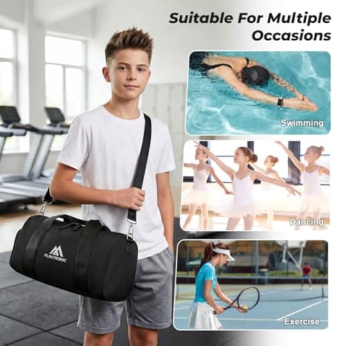 Flintronic Small Gym Bag for Girls Kids, Sports Duffel Bag for Gym, Gym Bag with Adjustable Shoulder Straps, Women's Fitness Bag with Shoe Compartment & Wet Pocket for Gym Swim Dance (Black) — view 6