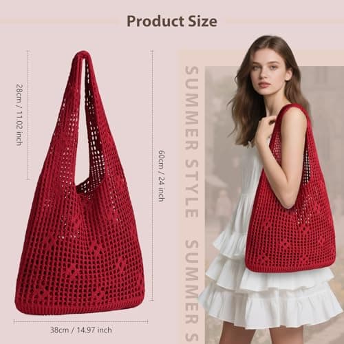 Sightor Crochet Tote Bag, Mesh Beach Bag Knit Summer Hobo Bag Vacation Boho Tote Bag for Women, Hollow Out Red, M, Boho — view 2