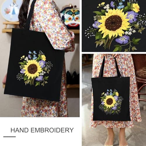 Canvas Tote Bag Embroidery Kits for Beginners Adults, Stamped Embroidery Starter Kit with Floral Pattern, Art DIY Craft Sewing Cross Stitch Kit Tote Bag with Hoop Needles Threads and Instruction — view 2