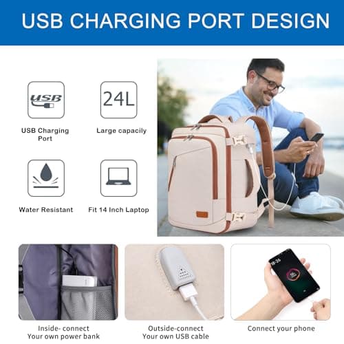 Ryanair Cabin Bags 40x30x20 Underseat 24L Small Travel Backpack for Women Hand Luggage Backpack Carry-ons Bag Cabin Size for Airplanes Flight Bag Travel Rucksack with USB Charging Port,Beige-brown — view 5