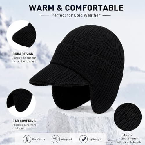DOINEUFL 2 Pack Beanie Hat Men with Brim and Ear Covering, Thermal Mens Fleece Lined, Hats for Men UK Winter Caps, Warm Winter Beanie — view 3